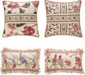 patdrea Designer Throw Pillow Covers Set of 4,Vintage Red Linen Pillowcases with Flower and Birds Pattern Pillows Cover for Couch,Farmhouse Decorative Cushion for Bed Living Room Outdoor Car-Ruum Studio Home