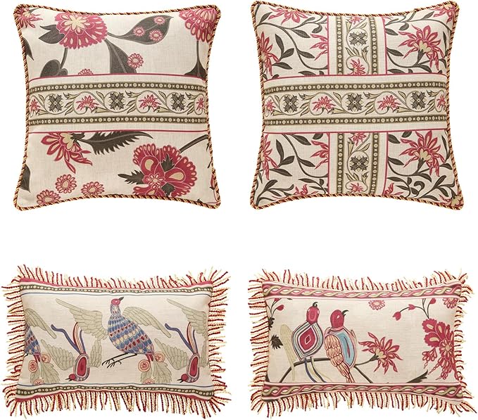 patdrea Designer Throw Pillow Covers Set of 4,Vintage Red Linen Pillowcases with Flower and Birds Pattern Pillows Cover for Couch,Farmhouse Decorative Cushion for Bed Living Room Outdoor Car-Ruum Studio Home