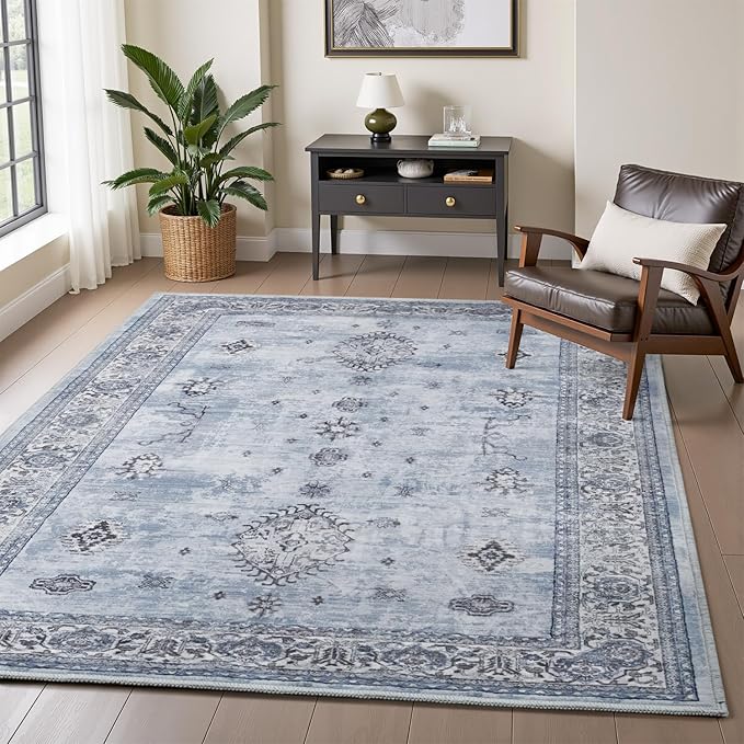 AMOAMI-Vintage Area Rug 3x5 Blue Rugs for Living Room-Soft Washable Rug Non Slip Entryway Rug Indoor Vintage Throw Accent for Bedroom Laundry Room Dining Bathroom Bedside-Ruum Studio Home