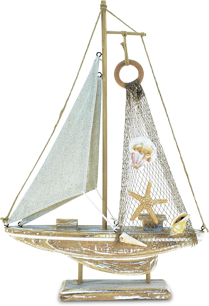 Puzzled Baja Haven Sailboat Decor - Handmade Beach Themed Wooden Boat Home Decor for Living Room Shelves, Tabletop, Desk, Cute Nautical Party Decorations - 14.5 Inches-Ruum Studio Home