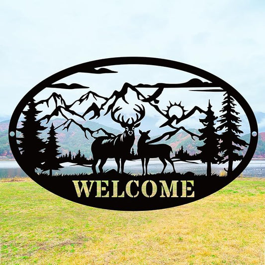 Rustic Metal Deer Cabin Sign, Outdoor Welcome Sign for Front Porch, Great Gift for Hunters, Farmhouse Cabin Decor-Ruum Studio Home