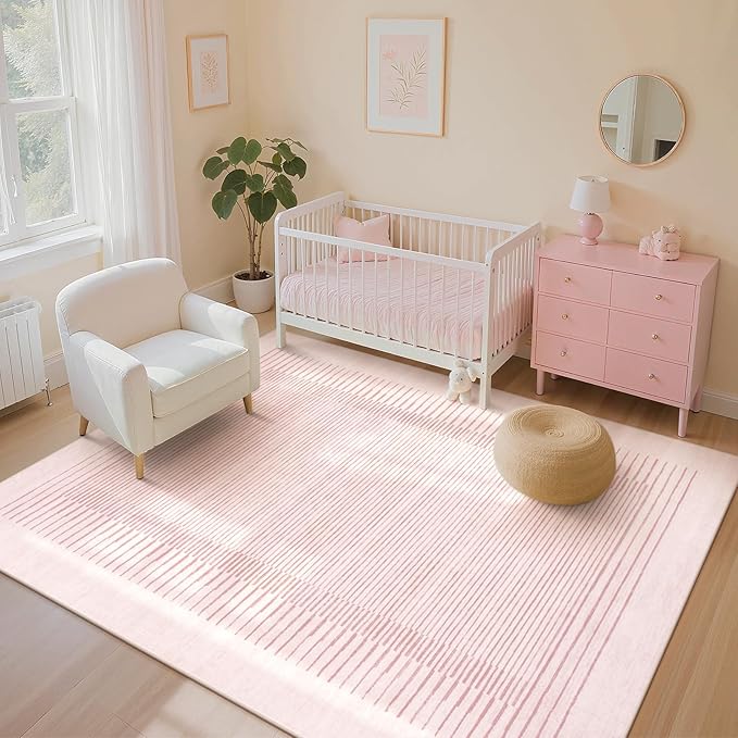 Wonnitar Washable Striped Living Room Area Rug 5x7, Non-Slip Berber Stripe Pink Area Rugs for Bedroom Girls, Low Pile Soft Large Throw Carpet for Kids Nursery Room (Pink,5' x 7')-Ruum Studio Home