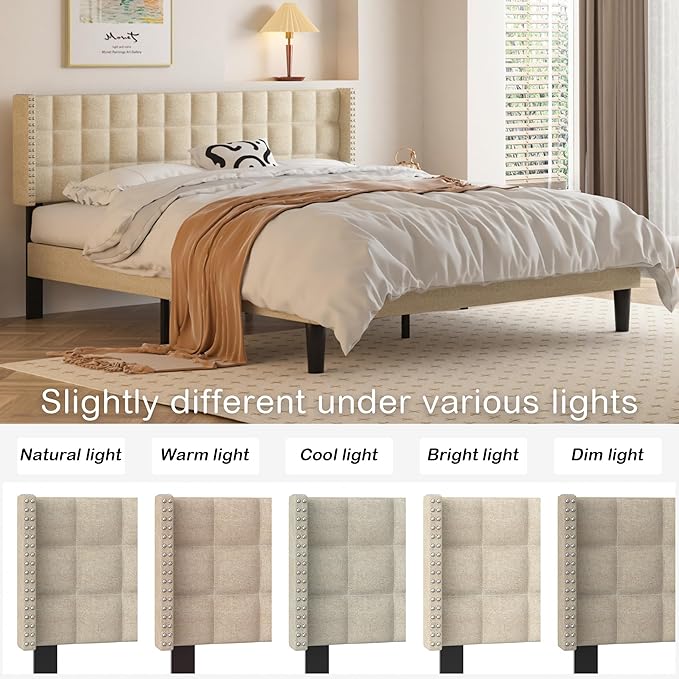 VECELO Headboard Queen Size, Linen Upholstered Headboards Only with Nailhead Trim Wingback, Square Stitched Design, Adjustable Height from 40" to 49.8", Oatmeal-Ruum Studio Home