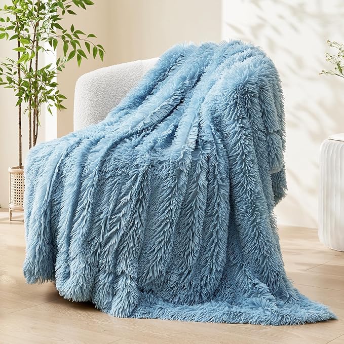GONAAP Fuzzy Faux Fur Throw Blanket Twin Size Light Blue Super Soft Cozy Plush Fuzzy Shaggy Blanket for Couch Sofa Bed (Light Blue, Twin(60"x80"))-Ruum Studio Home