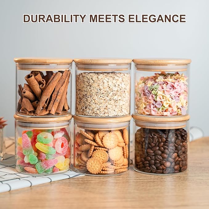 Glass Food Storage Jars 6-Pack - 4x4 in-Clear Glass Food Canisters with Bamboo Lid Airtight For Serving Tea, Coffee, Flour, Sugar, Candy, Cookie, Spice and More (Circular)-Ruum Studio Home