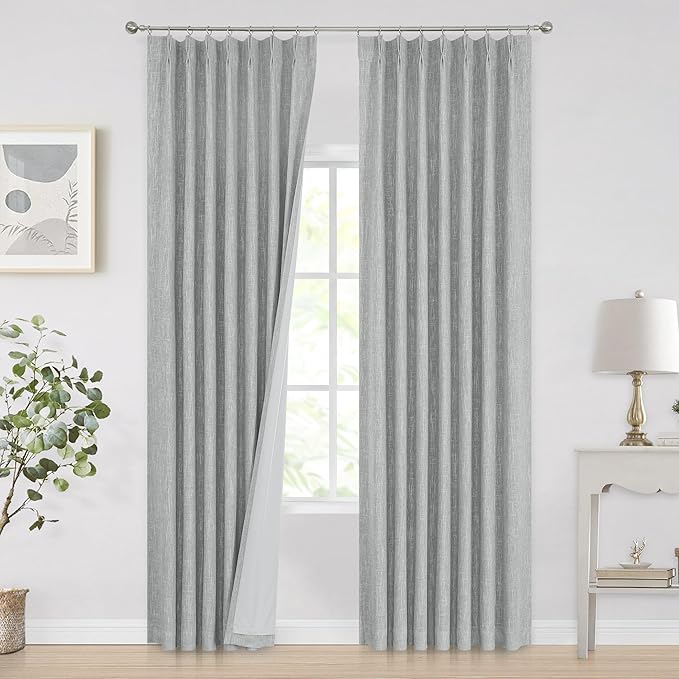Vision Home Silver Grey Pinch Pleated Full Blackout Curtains Room Darkening Window Curtains 95 inch for Living Room Bedroom Thermal Insulated Pinch Pleat Drapes with Hooks Back Tab 2 Panel 40" Wx95 L-Ruum Studio Home