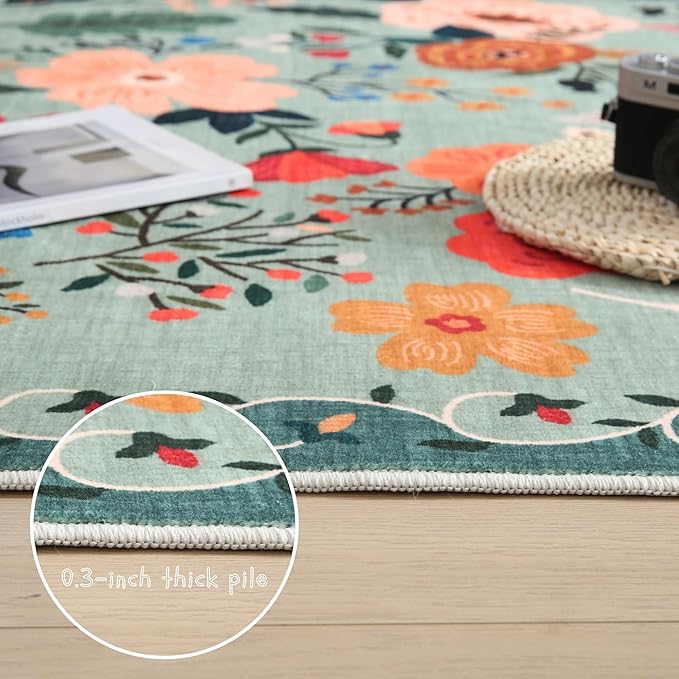 Round Rug 4ft Washable Circle Rug Non Slip Low Pile Boho Floral Small Circular Rug for Bedroom, Bathroom, Entryway, Kids Room, Office, College Dorm(Green)-Ruum Studio Home