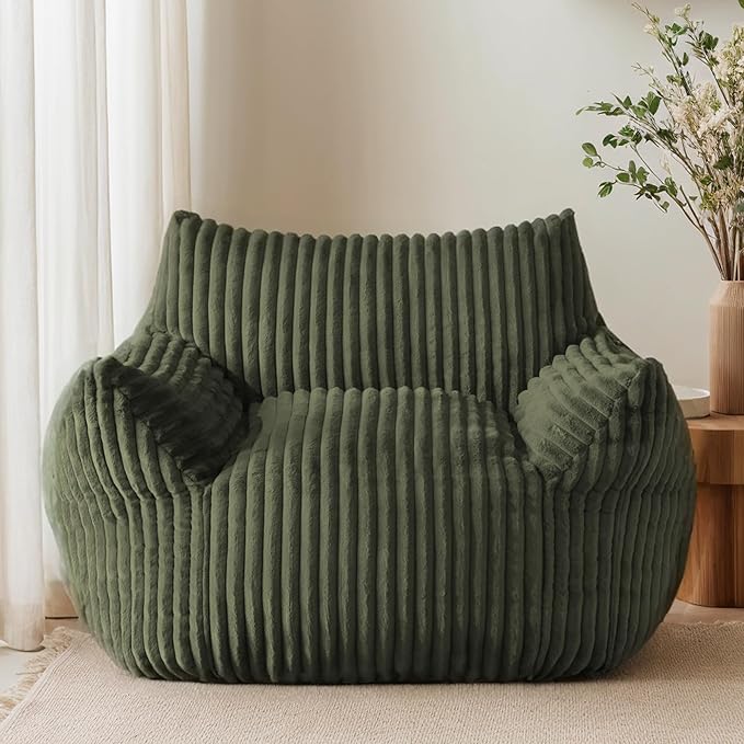 Oversized Bean Bag Chair for Adults, Giant Comfy Plush Boneless Bean Bag Couch with Filler for Kids - Reading Chair for Living Room, Bedroom & Dorm, Single Accent Chair Floor Lounger, Green-Ruum Studio Home