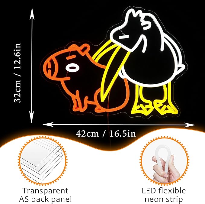 LISIGNVE Capybara Pelican Neon Sign for Wall Decor Funny Capybara Led Neon Light Sign Pelican Neon Light for Children's Room Kindergarten Bedroom Zoo Art Wall Decor(16.5”*12.6”)-Ruum Studio Home