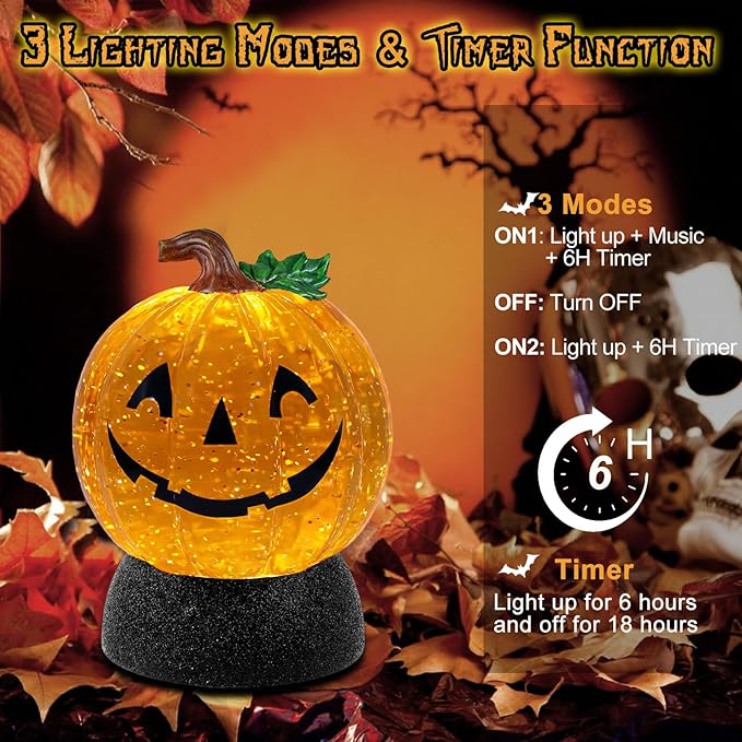 Halloween Snow Globe Lantern Pumpkin Lighted Halloween Snow Globes Battery Operated or USB Powered with 6H Timer Musical Snow Globe Glitter for Spooky Party Home Table Decorations (Pumpkin)-Ruum Studio Home