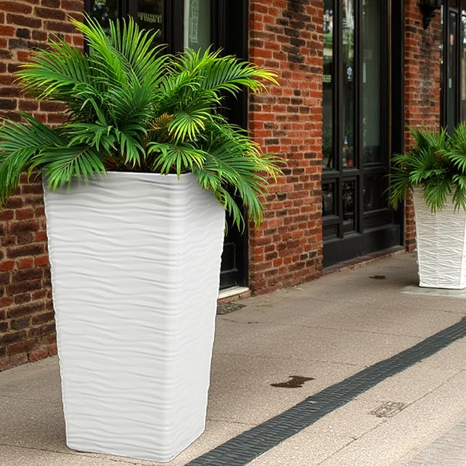 Worth Garden 22" Tall Planters Set of 2 - Plastic White Square Plant Pots - Modern Big Tapered Matte Wavy Tree Flower Pot for Indoor Outdoor Porch Deck-Ruum Studio Home