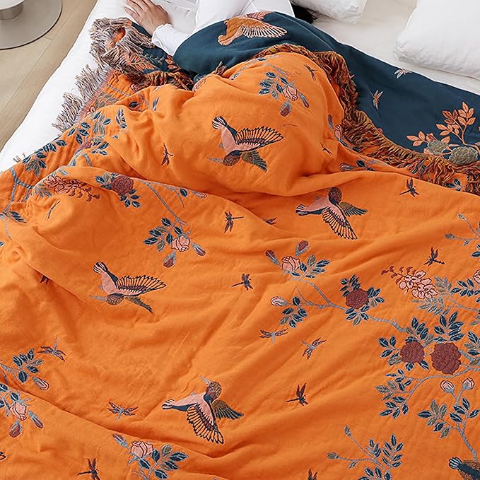 Snycler Boho Throw Blanket for Bed, 100% Organic Cotton Muslin Soft Throw-Floral Bird Farmhouse Rustic Spring Summer Fall Decor Blanket for Couch Sofa Quilt and Gift, 60" x 80" Orange-Ruum Studio Home