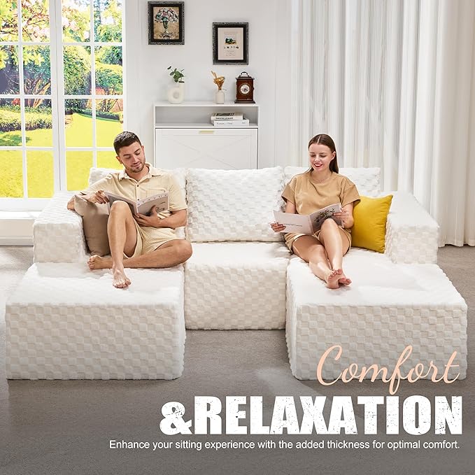 Hobestluk Modular Sectional Sofa Memory Foam Couch Oversized Sectional Sofa 3-Seater with Chaises Cloud Couch with Removable Cover U Shaped Sofa for Living Room (Plush White, U Shape)-Ruum Studio Home