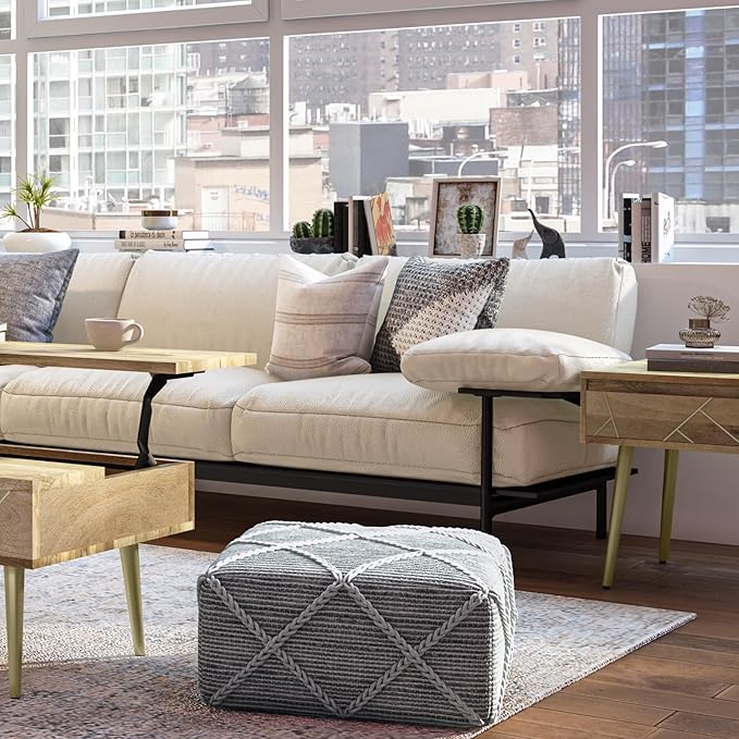 SIMPLIHOME Cowan Contemporary Square Pouf in Grey, Natural Handloom Woven for the Living Room, Bedroom and Kids Room-Ruum Studio Home