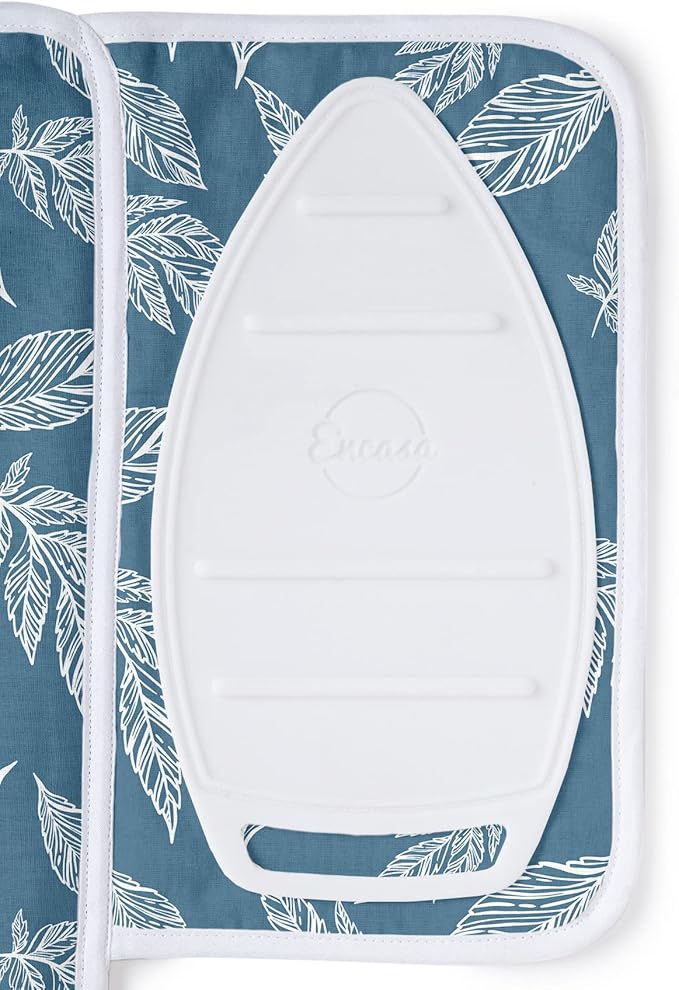 Encasa XO Ironing Mat/Pad (Small 28"x20") with 3mm Padding & Silicone Iron Rest for Steam Pressing on Tabletop or Bed - Heat Resistant, Portable, Quilting & Travel Blanket - Big Leaves Blue-Ruum Studio Home