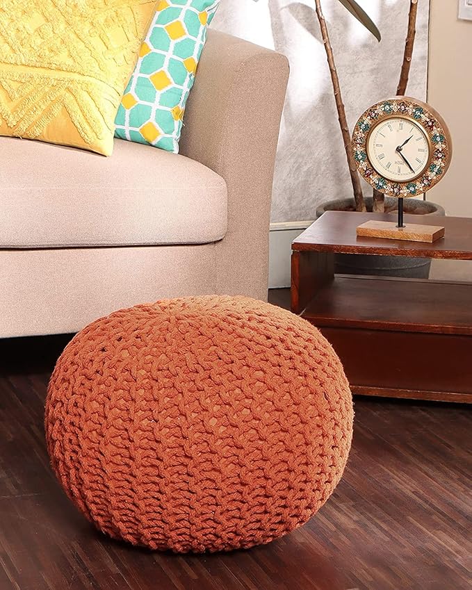 REDEARTH Round Pouf Ottoman - Hand Knitted Cable Boho Poof - Pouffe Circular Footrest for Living Room - Bedroom - Patio - 100% Cotton (19.5"x19.5"x14") - Burnt Orange-Ruum Studio Home