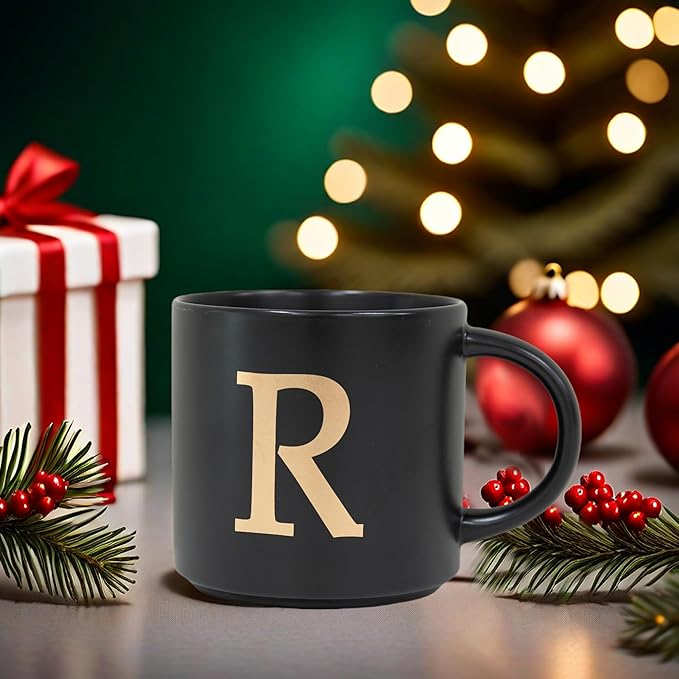COLLECTIVE HOME - Monogram Ceramic Mugs, 15 oz Golden Initial Black Coffee Cups, Elegant Alphabet Tea Mugs, Elegant Personalized Mug with Gift Box, Unique Mug with Double Side Capital Lette (R)-Ruum Studio Home