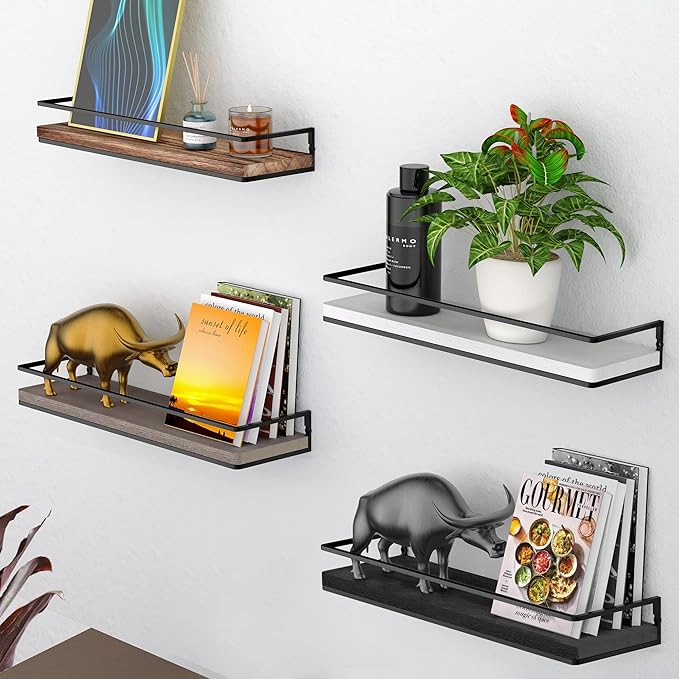 Meangood Floating Shelves Wall Mounted Set of 2, Rustic Wood Wall Storage Shelves for Bedroom,Living Room,Bathroom, Kitchen (Black)-Ruum Studio Home