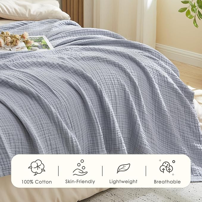 EMME Cotton Muslin Throw Blanket Couch Breathable Gauze Blanket Soft Lightweight Blankets Adults (Dusty Blue, 50"x60")-Ruum Studio Home