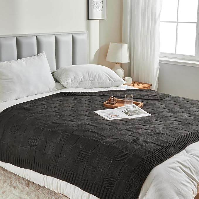 CozeCube Check Knit Throw Blanket, Jet Black Checkered Throw for Couch, Decorative Christmas Soft Cozy Warm Knitted Blanket for Bed Sofa Living Room, 60"X80"-Ruum Studio Home