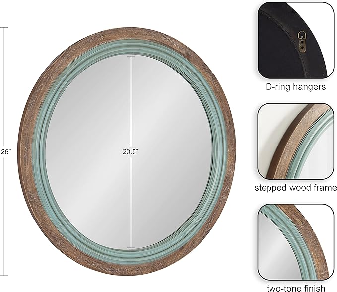 Kate and Laurel Palmer Rustic Farmhouse Round Wooden Mirror, 26 Inch Diameter, Blue and Rustic Brown, Modern Circle Decorative Wall Mirror with Paint Distressing-Ruum Studio Home