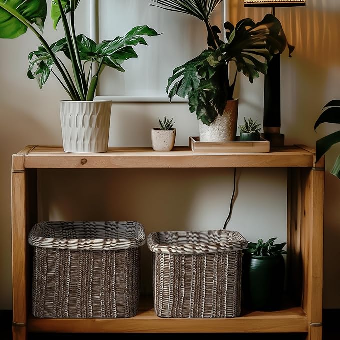 La Jolie Maison Blended Fabric Storage Baskets Set of 2, Rectangle Knitted Baskets for Organizing, Boho Decorative Baskets, Unique Design, Durable Finish, Mocha-Ruum Studio Home