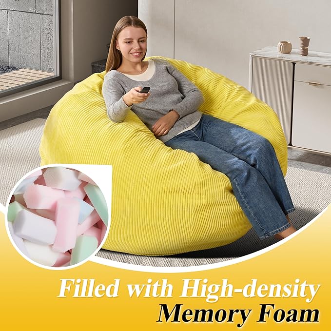 3.5FT Bean Bag Chairs Teardrop Bean Bag Chair for Adults Beanbag Chair with Memory Foam Filled Machine Washable Cover for Living Room, Bedroom (Large,Yellow)-Ruum Studio Home