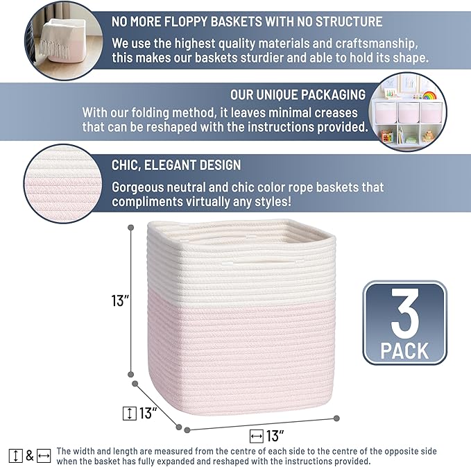 NaturalCozy 13 Inch Cube Storage Bins Cotton Rope Woven Baskets for Organizing 3-Pack | 13 x 13 Storage Cubes | Fabric Square Storage Baskets for Shelves Organizer, Kids Toy Bins, Closet Baby Nursery-Ruum Studio Home
