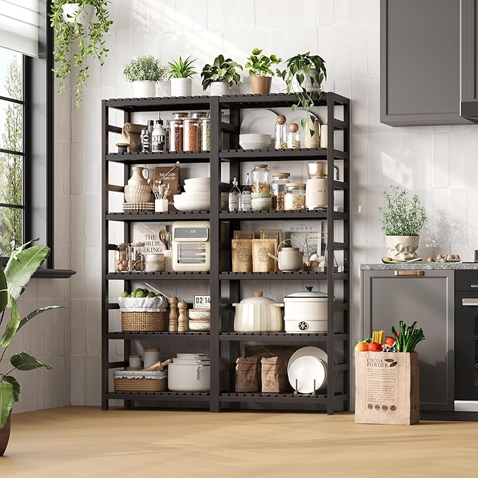 FOTOSOK 6-Tier Bamboo Shelf Set of 2, Bamboo Bookcase with Adjustable Shelves, Free Standing Storage Shelf Unit and Plant Flower Stand, Tall Large Bookshelf for Kitchen, Bathroom, Home Office, Vintage-Ruum Studio Home