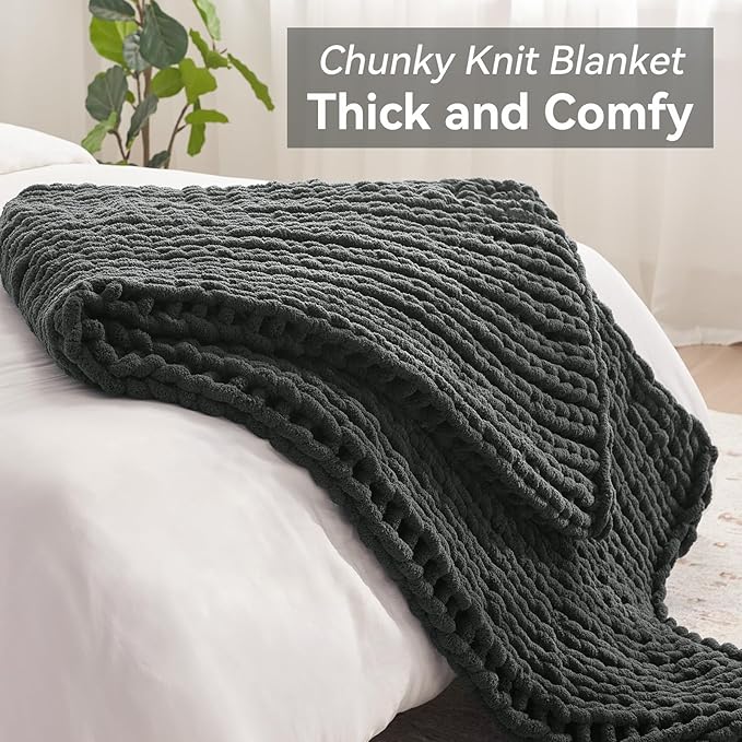 Chunky Knit Throw Blanket, 30''*40'' Knitted Throw Chenille Yarn for Bed Couch, Handmade Dark Grey Crochet Big Thick Blanket, Machine Washable Cute Comfy Blanket for Home Decor-Ruum Studio Home