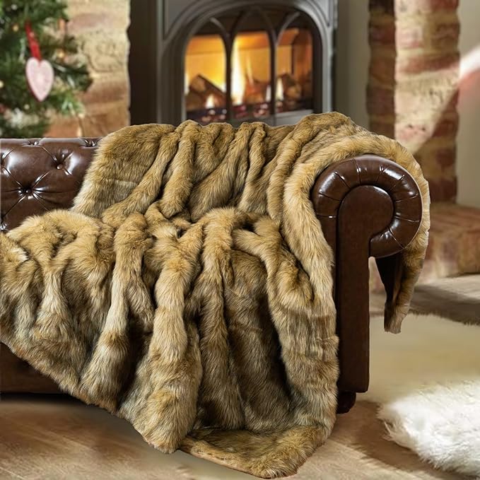BATTILO HOME Golden Faux Fur Throw Blanket for Couch Sofa, Long Pile Fur Blankets and Throws, Elegant, Fluffy Thick Warm Heavyweight Fur Blanket Reversible to Plush Velvet, 50"x60"-Ruum Studio Home