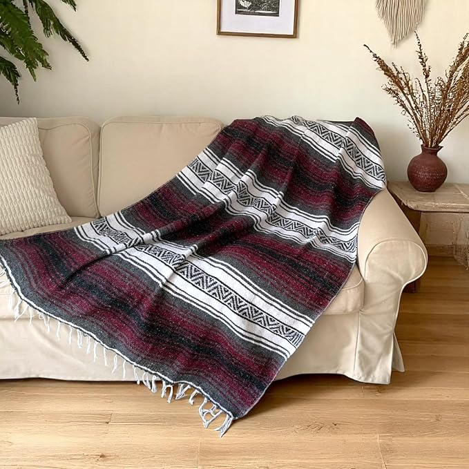 Traditional Handwoven Mexican Blanket, Large Falsa Serape - Soft & Durable - Vibrant Beach, Picnic, Yoga & Camping Mat - Lightweight Boho Throw 70"x50" (Rust)-Ruum Studio Home