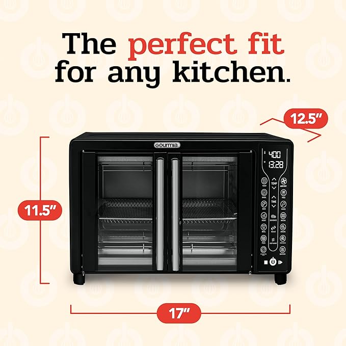 Gourmia Toaster Oven Air Fryer Combo 17 cooking presets 1700W french door digital air fryer oven 24L capacity accessories, convection rack, baking pan tray recipe book GTF7460,Large,Black-Ruum Studio Home