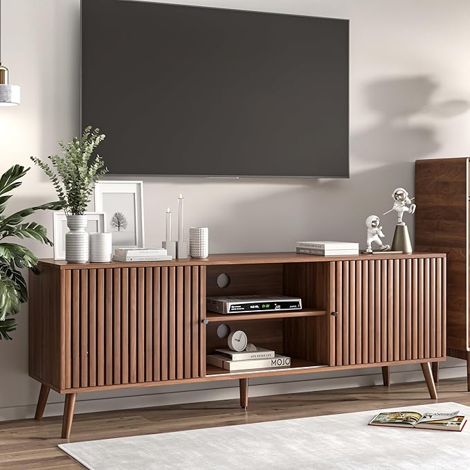 Mid Century Modern TV Stand for Televisions up to 70 Inches, with Sliding Doors and Storage, Television Stands, TV Consoles, Media Consoles for Living Room, 63 Inch (Walnut)-Ruum Studio Home