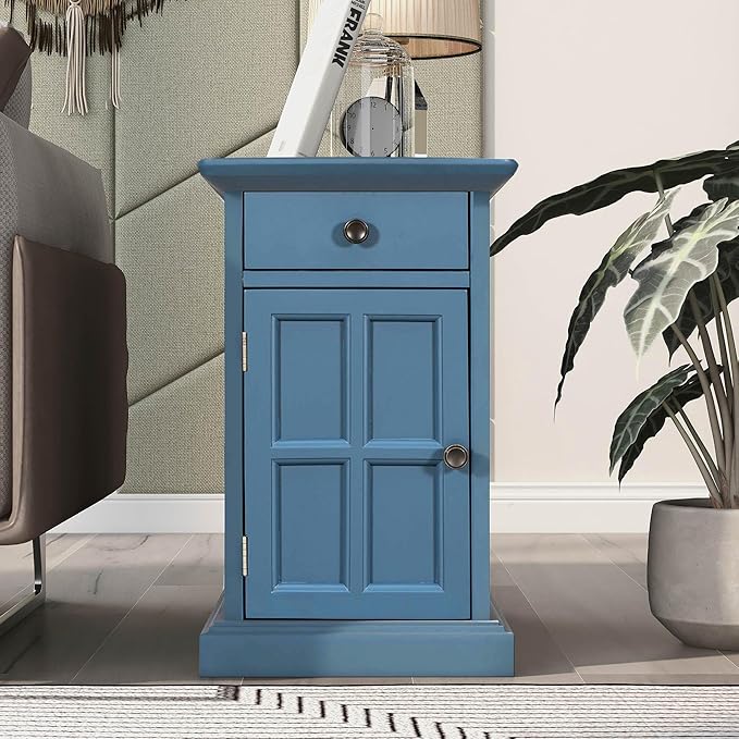 Traditional Wood End Table with Charging Station, Modern Vintage Sofa Chair Side Table Nightstand with Storage & Drawer for Living Room Bedroom, No Assembly, Antique Navy-Ruum Studio Home