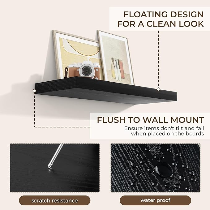 RICHFOCUS 31.5Inch Floating Shelves for Wall 2 Pack Shelves for Bedroom|Kitchen|Bathroom Wall Mounted Rustic Wood Floating Shelf with Invisible Brackets for Books|Storage|Decor, Black-Ruum Studio Home