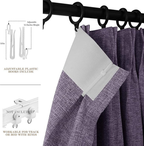 100% Blackout Linen Textured Drapes for Bedroom Pinch Pleated Curtains for Track System Portable Drapery for Sliding Glass Door/Storage/Space Room Divider, 70" Wx96 L, 1 PC, Violet-Ruum Studio Home