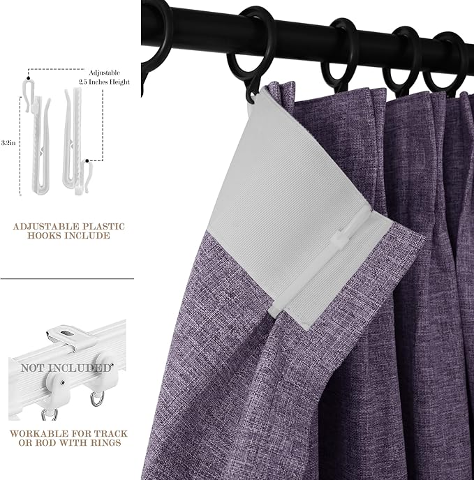 70" W x 108" L Faux Linen Room Divider Curtains, Full Blackout Pinch Pleated Drapes for Traverse Rod, Bedroom Divider Privacy Drapery with Hooks for Ceiling Track, 1 Panel, Violet-Ruum Studio Home