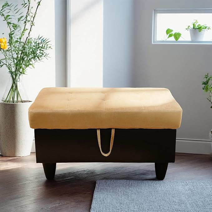 Ottoman Rectangular Storage Ottoman Bench, Flannel Footrest Stool Footstool with Lid for Living Room, Bedroom, Entryway, Champagne&Black, 35"x23.5"x17.5"-Ruum Studio Home