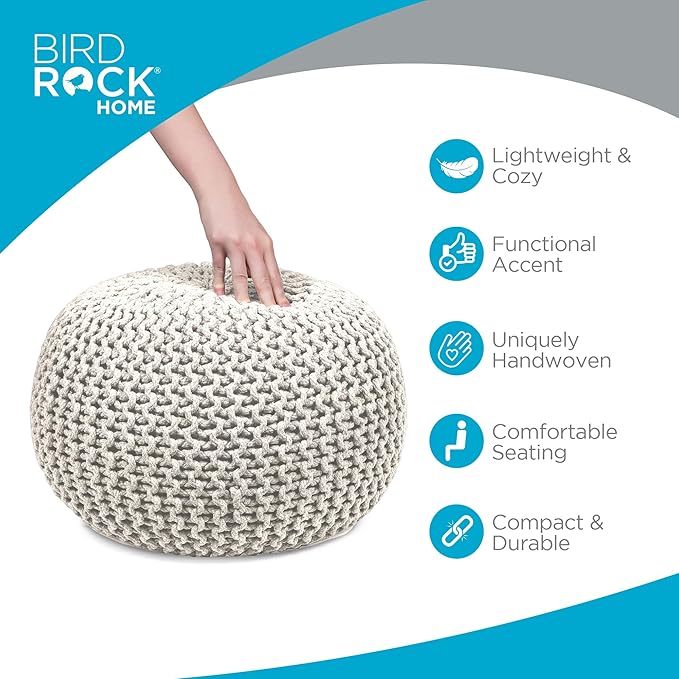 BIRDROCK HOME Round Pouf Ottoman | Cotton Braided Foot Stool with Bean Bag Filling | Boho Foot Rest for Living Room & Bedroom | Compact & Comfortable Seating, Lightweight & Soft | Ivory-Ruum Studio Home