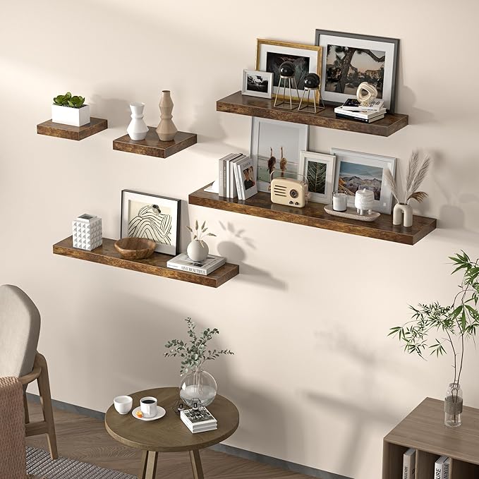 Floating Shelves for Wall, 40"W x 8"D x 1.5"H, Wooden Wall Mounted Display Shelves with Invisible Brackets for Living Room, Bedroom, Bathroom, Kitchen Decor and Storage, Set of 2, Rustic Brown-Ruum Studio Home