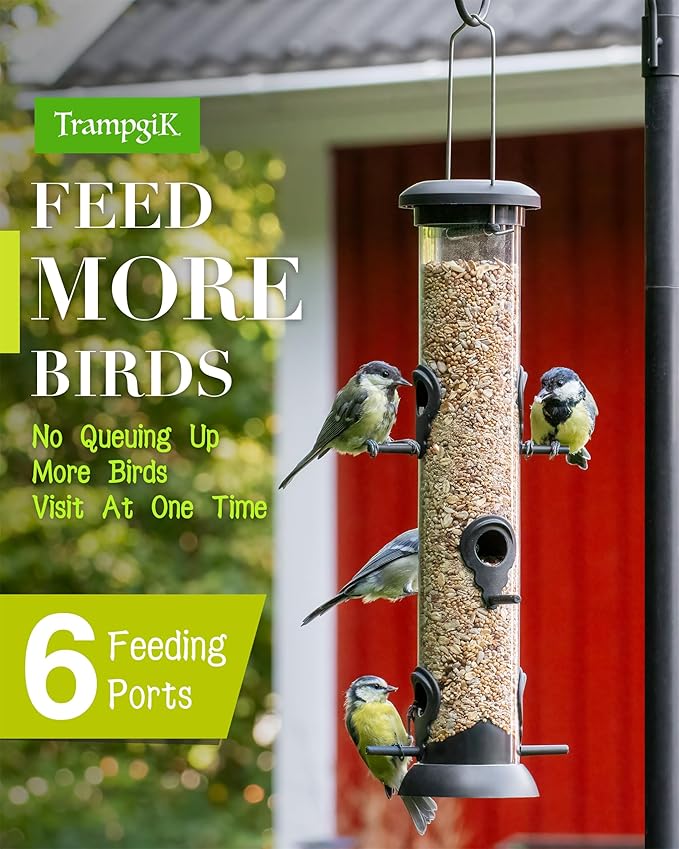 Bird Feeder Premium Hard Plastic for Wild Bird Feeders for Outdoors, Tube Bird Feeders for Outdoors Hanging,14 Inch 6 Port Black, Pack of 1-Ruum Studio Home