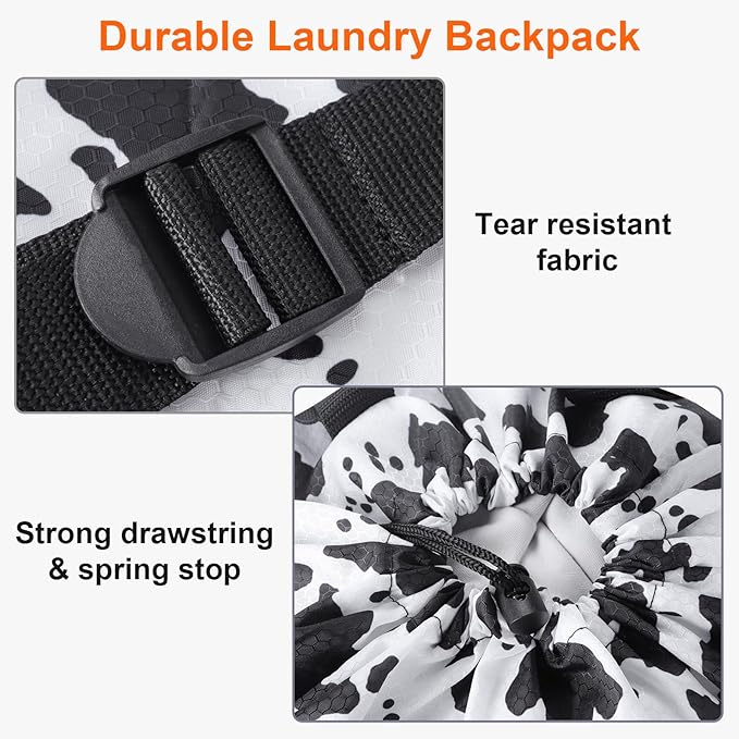 Femuar Laundry Bag Backpack Durable Laundry Bag with Shoulder Straps and Mesh Pockets Portable Laundry Dirty Clothes Hamper Bag for College Dorm (Cow Print)-Ruum Studio Home