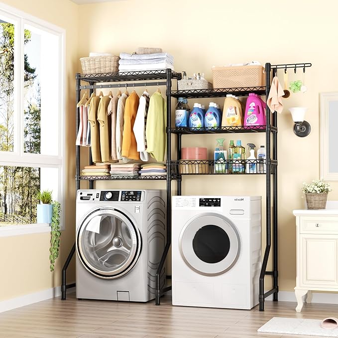 Over Washer and Dryer Shelves,Heavy Duty Laundry Room Storage Organization Clothes Drying Rack,5 Tier Adjustable Height Wire Shelving and Wire Basket with Hanger Rod&Hook,Space Saving Shelf-Ruum Studio Home