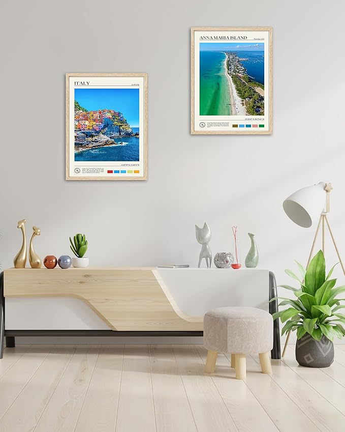 HesenDot Natural OAK Wood Framed Anna Maria Island Wall Art,12x16in Florida Seascape Canvas Wall Print,Classic Urban Landmark Wall Decor for Living Room, Bedroom,Office Gallery Set of 1-Ruum Studio Home