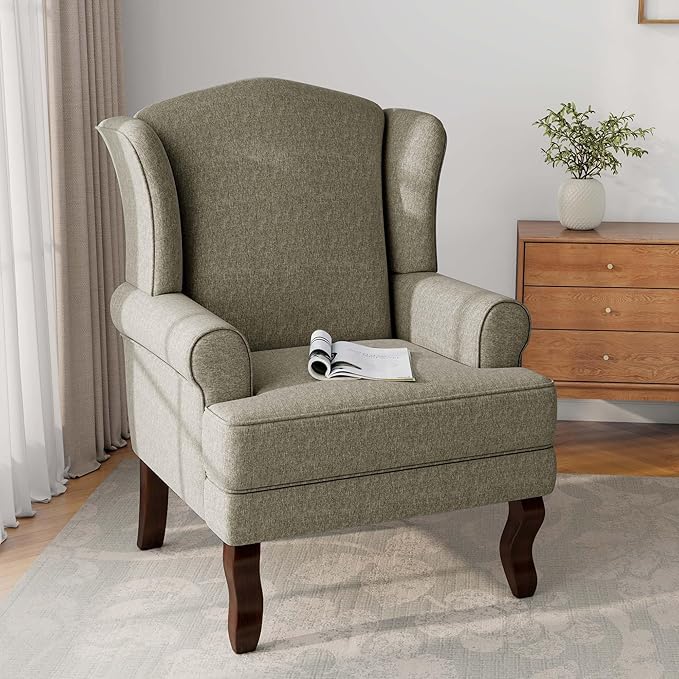 Accent Chair, High Back Upholstered Armchair with High Resilience Sponge & Wood Legs, Mid-Century Modern Comfy Single Sofa Reading Chairs for Living Room, Bedroom (Light Camel, Set of 1)-Ruum Studio Home