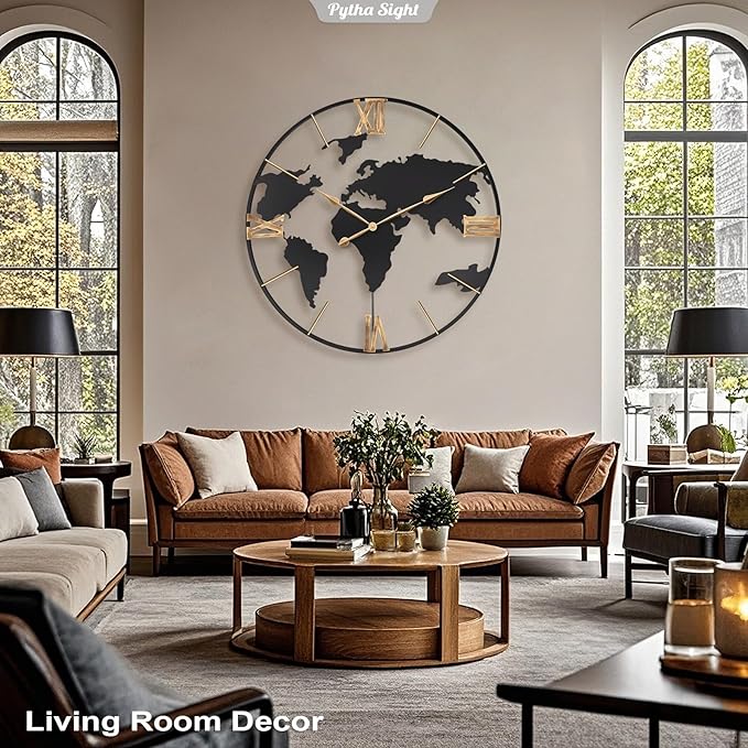 36 Inch Oversized Giant Extra Large Modern Decorative Metal World Map Wall Clock,Big Vintage Gold Roman Numeral Wall Clocks for Living Room,Entryway,Office,Fireplace,Dining Room-Ruum Studio Home