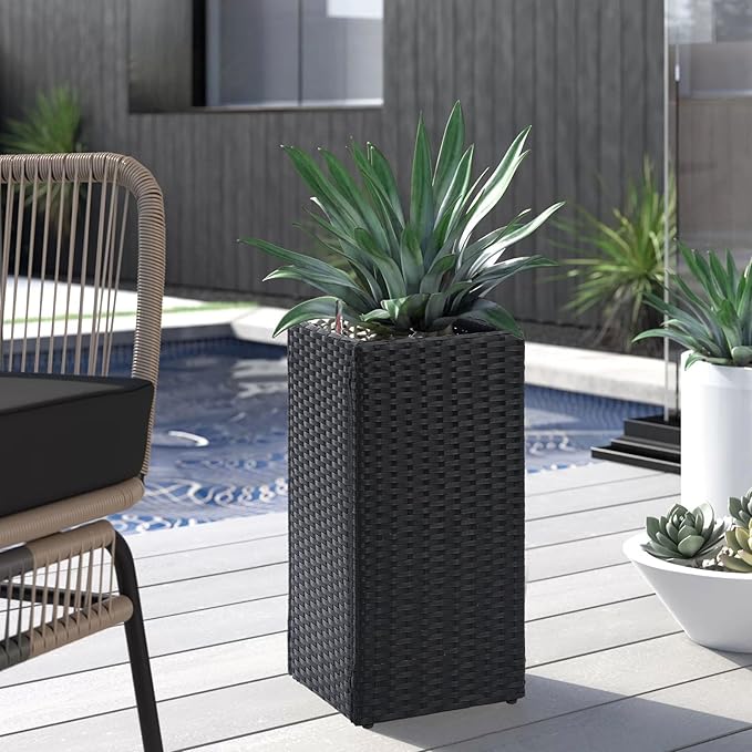 LEWIS&WAYNE Set of 2 Tall Planters for Outdoor Plants Handmade 24'' Wicker Tall Square Planter Box with Removable Liners Modern Planter for Indoor Outdoor Garden Patio Front Porch - Black-Ruum Studio Home