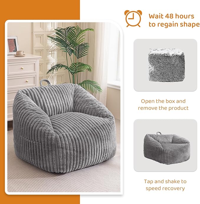 BYBYME Giant Bean Bag Chair for Adults and Kids, Large Comfy Cozy Beanbag, Floor Sofa for Teens, Living Room, Gaming, Reading, Grey-Ruum Studio Home