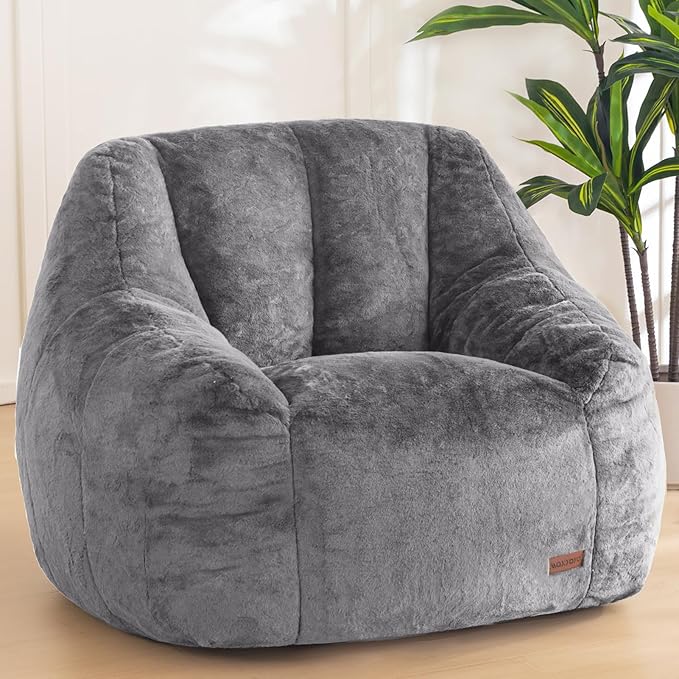 MAXYOYO Bean Bag Chair, Comfy Bean Bag Sofa with Back Support, Faux Fur Bean Bag Chair for Adults and Kids, Stuffed Floor Sofa for Living Room, Bedroom, Apartment, Grey-Ruum Studio Home
